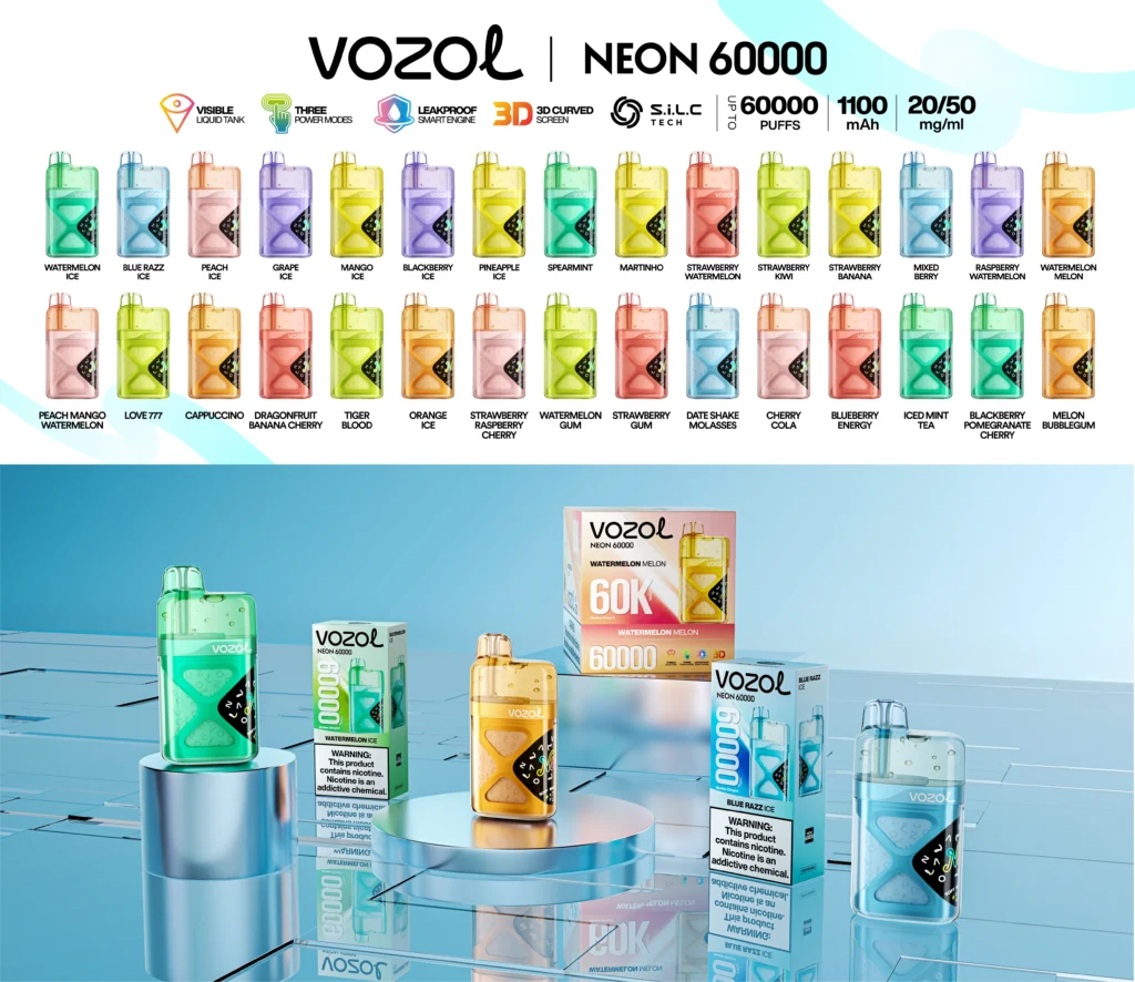 VOZOL „Neon 60000“ garšu klāsts ar pieejamām vienreizlietojamām vape ierīcēm